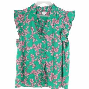 J. Crew Green Blush Floral Ruffle Sleeve Blouse NWOT